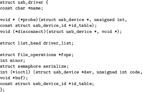 \begin{figure}
\centering\index{struct usb\_driver}
\begin{verbatim}struct usb...
... void *buf);
const struct usb_device_id *id_table;
};\end{verbatim}\end{figure}